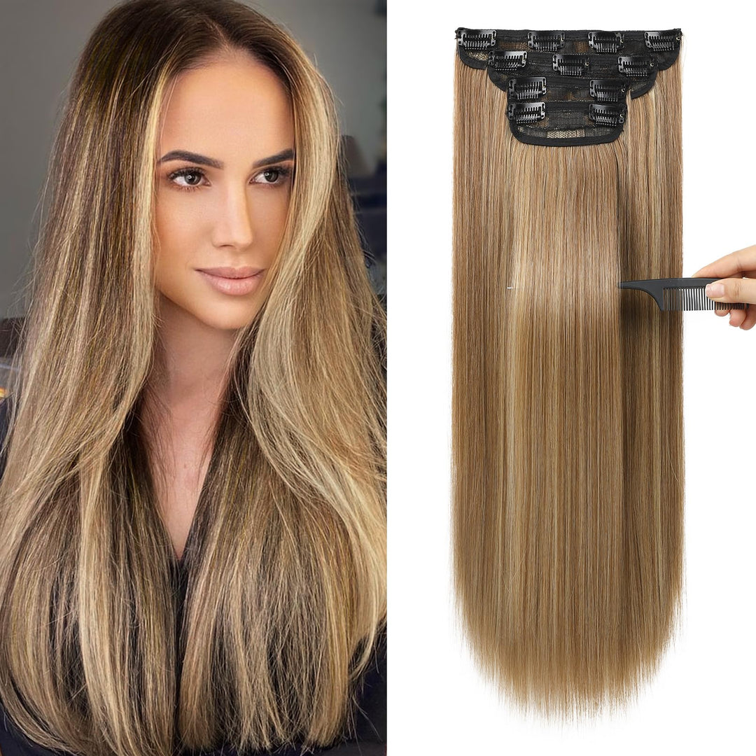 Reecho 20'' Straight Long 4 Pcs Set Thick Clip In On Hair Extensions Light Brown With Highlights