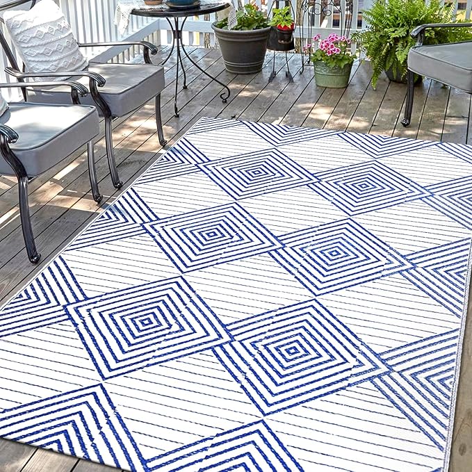 Waterproof Outdoor Rug 5x8ft, Foldable Reversible Plastic Straw Mat for Patio RV Deck Porch Backyard Balcony Camping Picnic Beach Indoor Outdoor Carpet, Blue&White