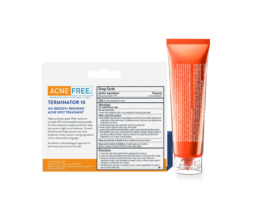 AcneFree Terminator 10 Acne Spot Treatment with Benzoyl Peroxide 10% Maximum Strength Acne Cream Treatment, 1 Ounce - Pack Of 1