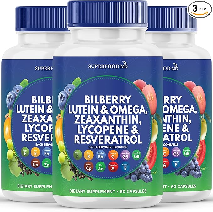 Superfood MD Eye Health Vitamins with Bilberry Lutein & Zeaxanthin Lycopene Resveratrol Grape Seed Extract Astaxanthin - AREDS 2 - Eye Vitamin - 180 Capsules