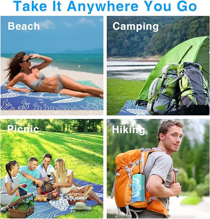 Beach Blanket, Waterproof Sandproof Beach Mat Oversized 79 X 83 Inch for 4-6 Adults, Lightweight Picnic Blanket, Portable Picnic Mat for Outdoor Travel Camping Hiking with 4 Stakes & 4 Corner Pocket