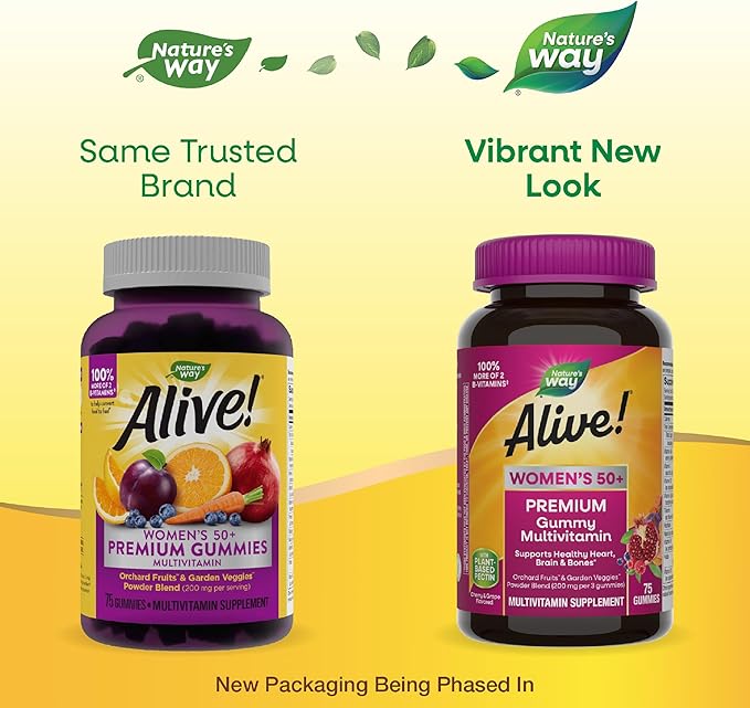 Nature’s Way Alive! Women’s 50+ Premium Gummy Multivitamin, Supports Healthy Heart, Brain & Bones*, B-Vitamins, Gluten-Free, Vegetarian, Grape and Cherry Flavored, 75 Gummies (Packaging May Vary)