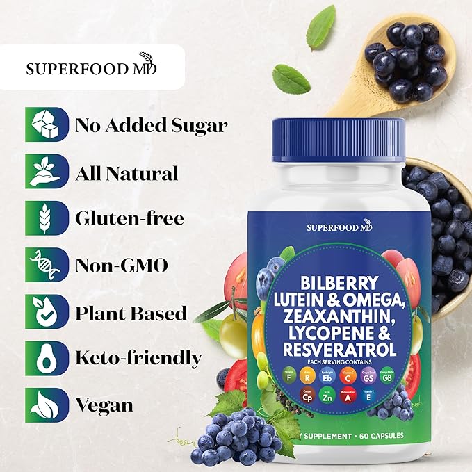 Superfood MD Eye Health Vitamins with Bilberry Lutein & Zeaxanthin Lycopene Resveratrol Grape Seed Extract Astaxanthin- AREDS 2 - Eye Vitamin - 60 Capsules