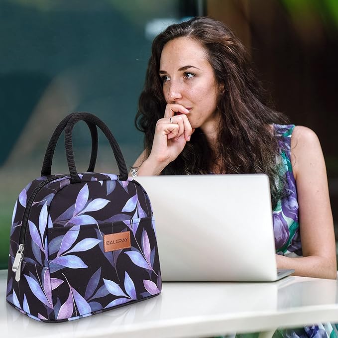 BALORAY Lunch Bag for Women Men Insulated Lunch Box for Adult Reusable Lunch Tote Bag for Work, Picnic or Travel (Blue Leaves)