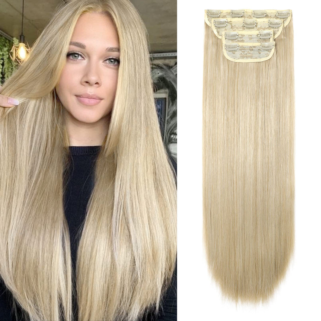 Reecho 24'' Straight Long 4 Pcs Set Thick Clip In On Hair Extensions - Medium Blonde With Pale Highlight
