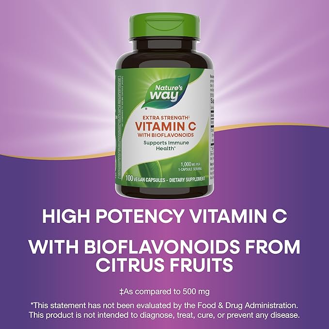 Nature’s Way Vitamin C with Bioflavonoids - Extra Strength - 1 g Vitamin C as Ascorbic Acid - Citrus Bioflavonoids - For Immune Support* - Gluten Free & Dairy Free - 100 Capsules (2 Pack)