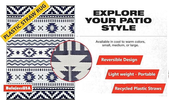 BalajeesUSA Outdoor Rugs–9x18 Plastic Patio Decor Grey Dark Blue, Durable and Affordable Recycled Straw Picnic All-Weather and Waterproof Reversible Camper Awning mats 7582