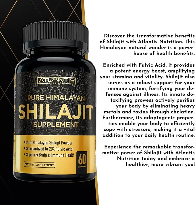 Atlantis Nutrition Himalayan Shilajit Capsules Formulated with 20% Fulvic Acid | 10:1 Extract Providing 10,000mg D.H.E. | USA Made | Himalayan Shilajit Supplement for Men & Women | 120 Capsules