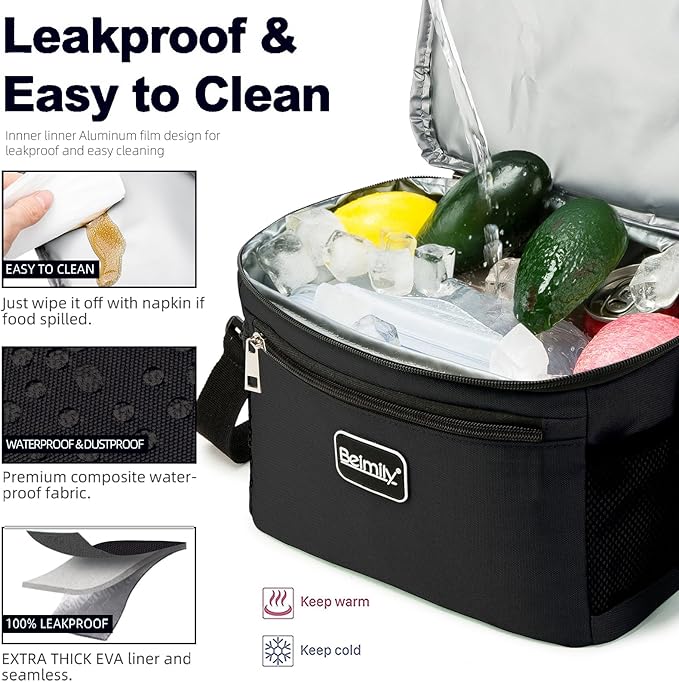 BEIMILY Lunch Bag for Women/Men,Reusable Lunch Box Small Cooler Bag Soft Sided,Leakproof Cooler Bag for Office Work Picnic Beach with Adjustable Shoulder Strap (deep Black), 2311A