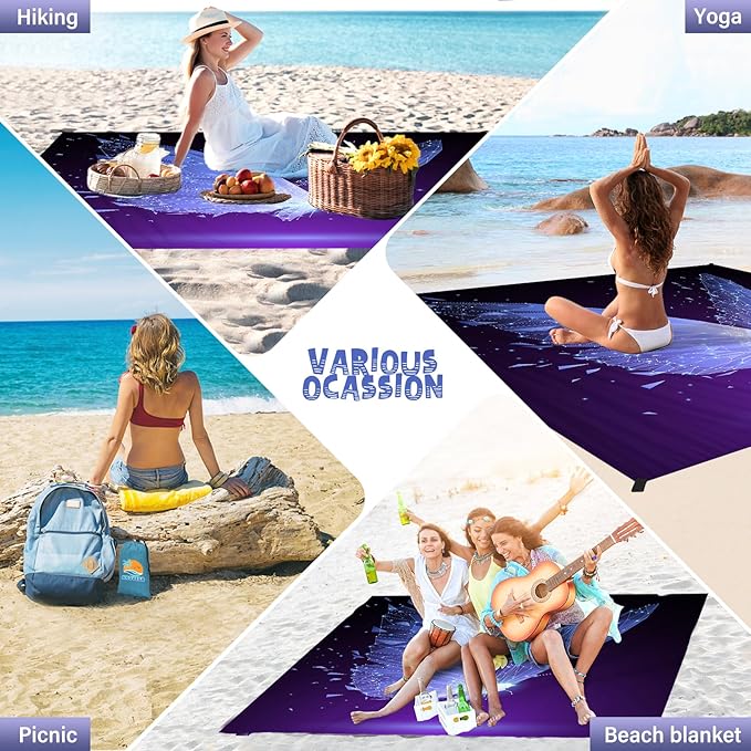 Beach Blanket Waterproof Sandproof 1-7 Adult Oversized 78 '' × 81 '' Lightweight Durable Compact Sand Free Beach Mat for Travel Camping Hiking Picnic Blanket Extra Large