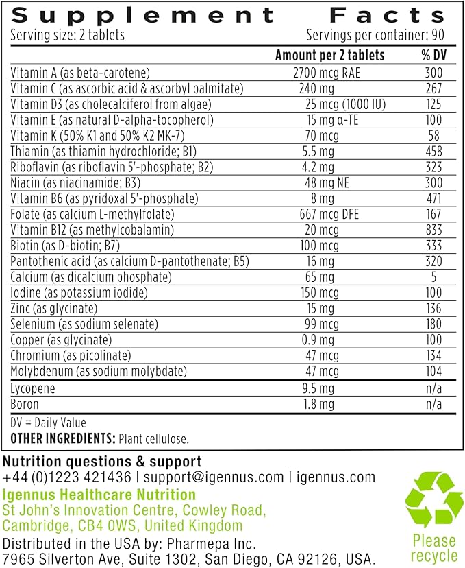 Igennus Methylated Men's Multivitamin, MTHFR Supplement with Active B-Vitamins, 22 Highly Bioavailable Nutrients, Multivitamin for Sustained Release, Clean Label, Non-GMO & Halal 180 Tablets