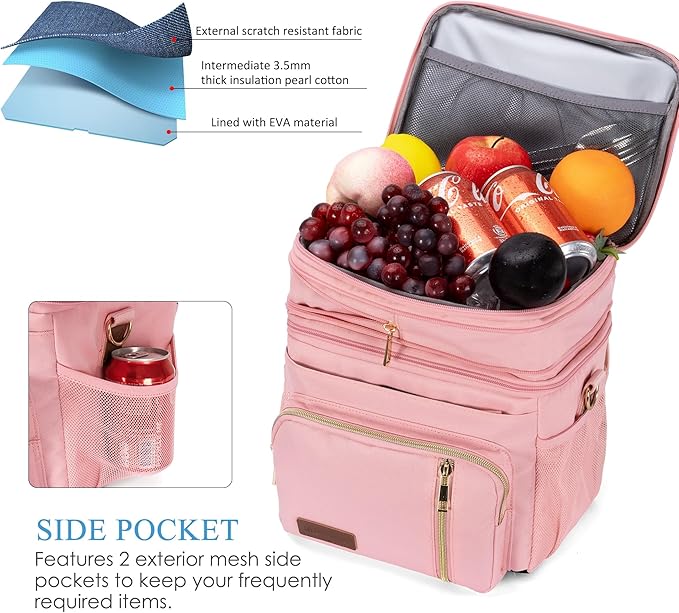 MIYCOO Lunch Bag & Lunch Box for Women Men Double Deck - Leakproof Insulated Soft Large Lunch Cooler Bag, Pink,15L