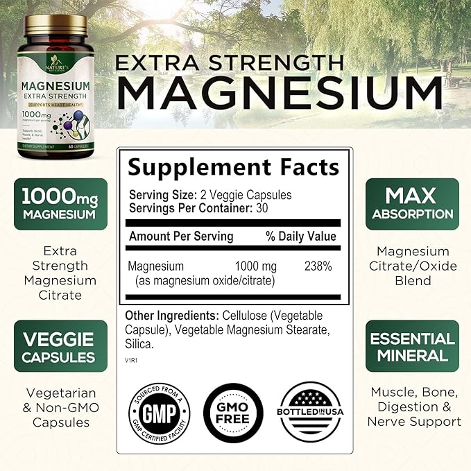 Magnesium Supplement (Citrate Oxide) 1000mg for Best Absorption, Supports Bone, Heart Health, Nerves, Muscles & Metabolism, Nature's Pure Magnesio Vitamin Pills, Bottled in USA, 60 Capsules
