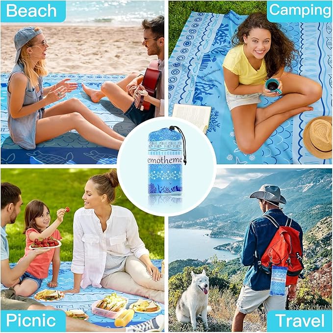 Beach Blanket, Sandproof Beach Mat 79" X 82" for 4-7 Adults, Large Waterproof Beach Blanket Quick Drying Lightweight Beach Blanket with 4 Stakes for Travel Camping Hiking(Blue Sea World)