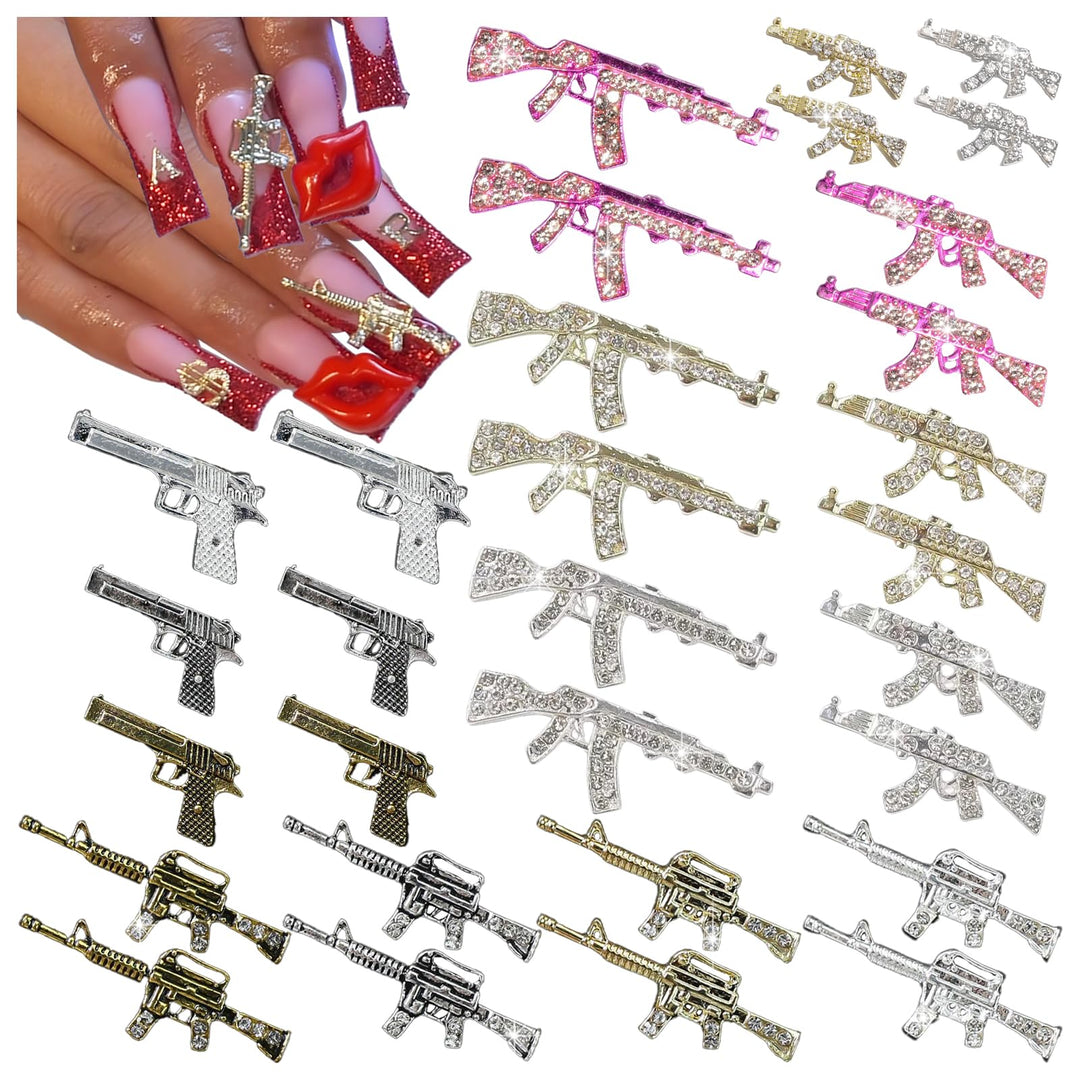 BBATT-HAPPY 30PCS Gun Nail Charms for Acrylic Nails,Gold Silver Alloy Nail Art Decoration, Nail Stones Nail Jewels Accessories for Nail Art Supplies Manicure Craft DIY