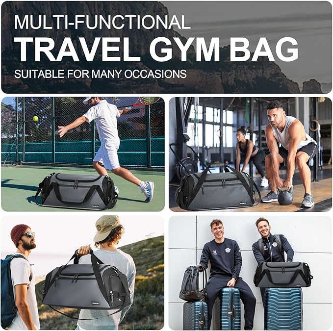 FIORETTO 43L Mens Sports Gym Bag with Wet Pocket & Shoe Compartment, Travel Duffle Bag Overnight Bag with Padded Shoulder Strap, Holdall for Swimming, Basketball, Football Grey