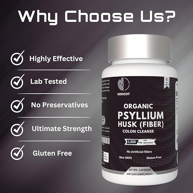 Psyllium Husk Fibre Capsules 1000mg (60 Caps) – Natural Digestive Supplement, unflavored, Gluten-Free, Non-GMO, Wheat & nut Free. Serving Size: 2 Capsules. for Men & Women.