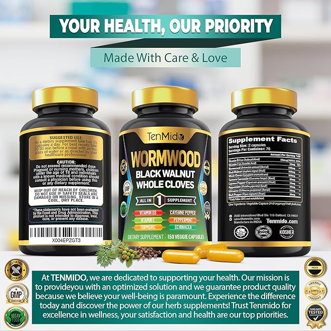 Wormwood Capsules Supplement for Men and Women, 10in1 Formula with Black Walnut, Whole Cloves, Turmeric, Cayenne Pepper & More - Digestive, Immune Support - Nutrient Rich - 150 Capsules