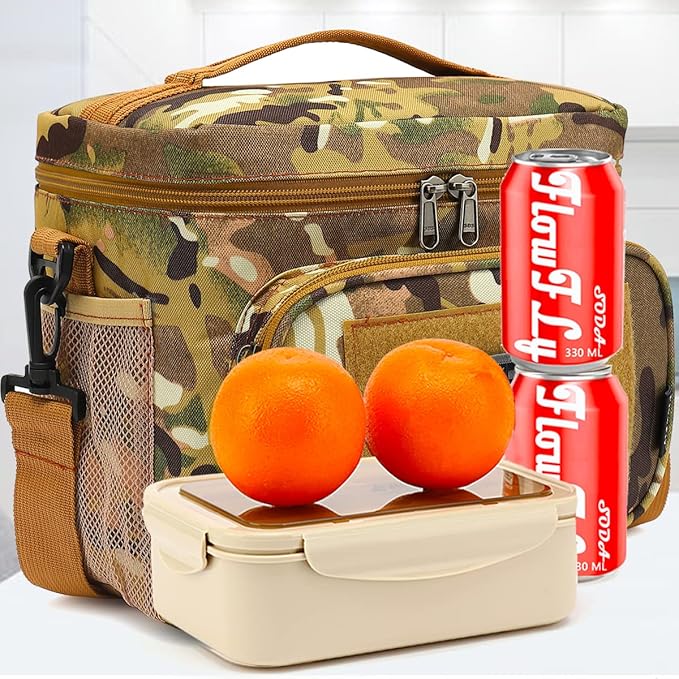 FlowFly Lunch Bag, Insulated Cooler, Thermal Lunch Box Tote with MOLLE/PALS Webbing, Adjustable Padded Shoulder Strap, for Tactical Men Women Adults and Boys Girls Kids (Multicam, Medium)