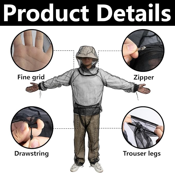 4 Pcs Mosquito Suit for Adult-Full Body Mosquito Net Suit Including Jacket Hood,Pants and Mitt Set-Outdoor Mesh Bug Protection from Bugs,Flies and Gnats