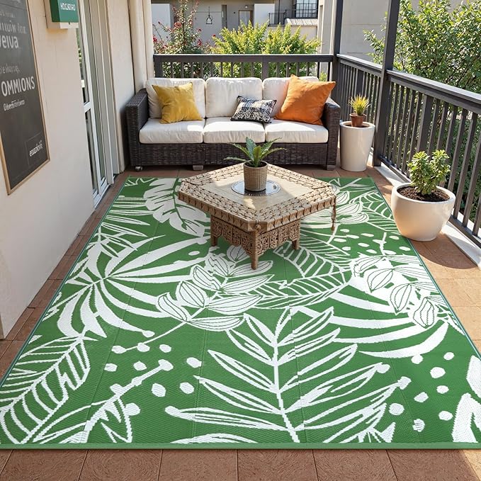 Anidaroel Leaf Outdoor Rugs 6x9ft for Patios Clearance Waterproof, Reversible Tropical Plastic Straw Camping Mat Outside Rug, Large Outdoor Area Rug for RV, Deck, Balcony, Picnic(Green,6'x9')