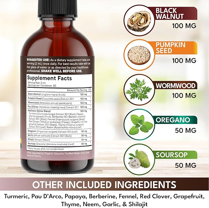 Black Walnut Wormwood Cleanse Drops - Liquid Soursop, Garlic, Pumpkin Seed, PAU D'Arco, Oil of Oregano, Turmeric, Berberine, Neem Extract, Hull Bark, Tincture - - 4oz