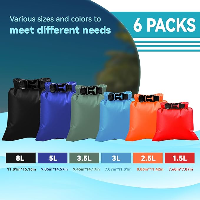 6PCS Dry Bags Waterproof, Lightweight Dry Bags for Kayaking Waterproof，Outdoor Waterproof Bag for Kayaking Hiking Boating Camping