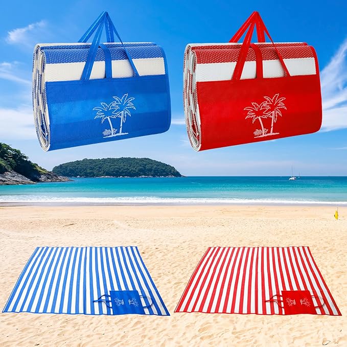 Woanger 2 Pieces Tatami Straw Ground Mat Foldable Waterproof Handy Mat with Strap Portable Straw Beach Mat RV Outings Camping Outdoor Travel Hiking Lawn, 60'' L x 78'' W, Red and Blue