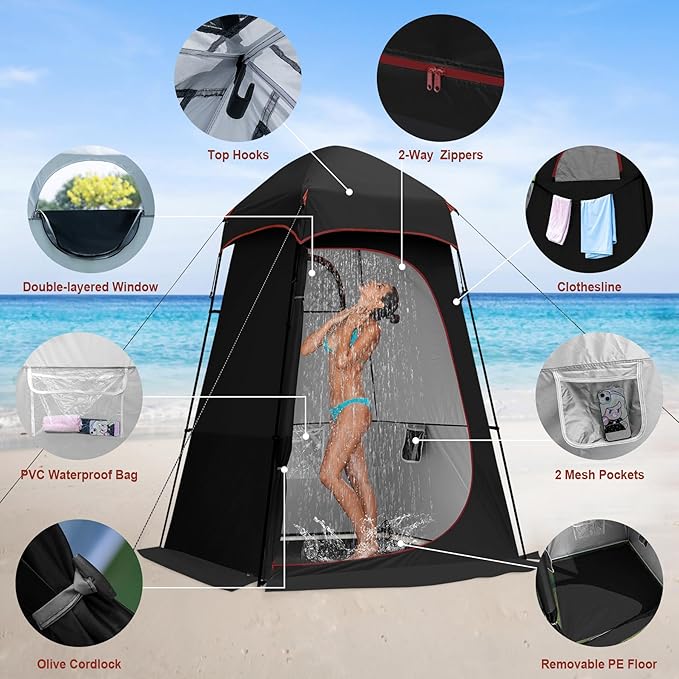 Camping Shower Tent, Oversize Pop Up Changing Tent, Portable Outdoor Bathroom Toilet Tent with Floor, Easy Set Up Privacy Shelter for Dressing, Hiking, Fishing, UPF50+