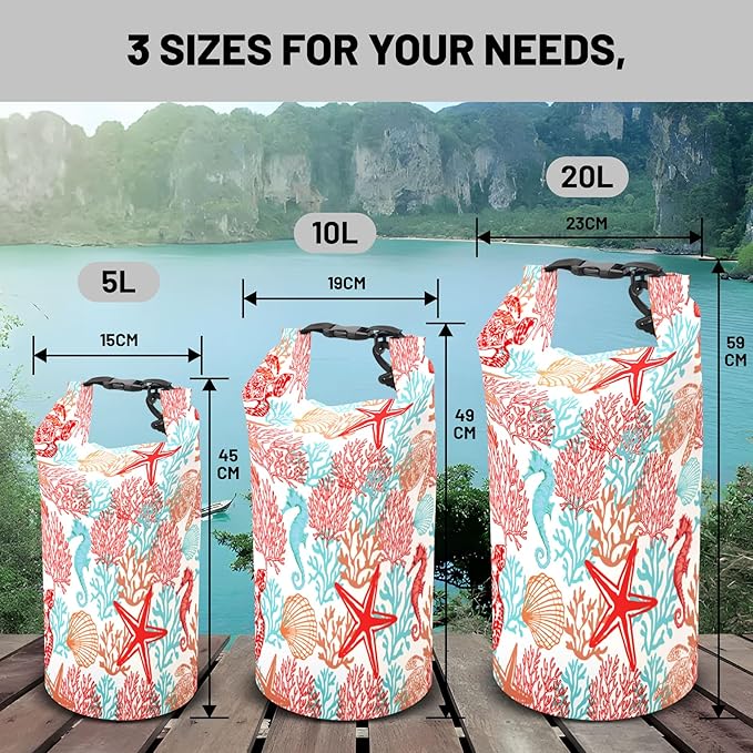Waterproof Dry Bag,Roll Top Sea Turtle Starfish Coral Waterproof Backpack 5L/10L/20L Floating and Lightweight Bags for Kayaking, Boating, Fishing, Swimming and Camping with Waterproof Phone Case