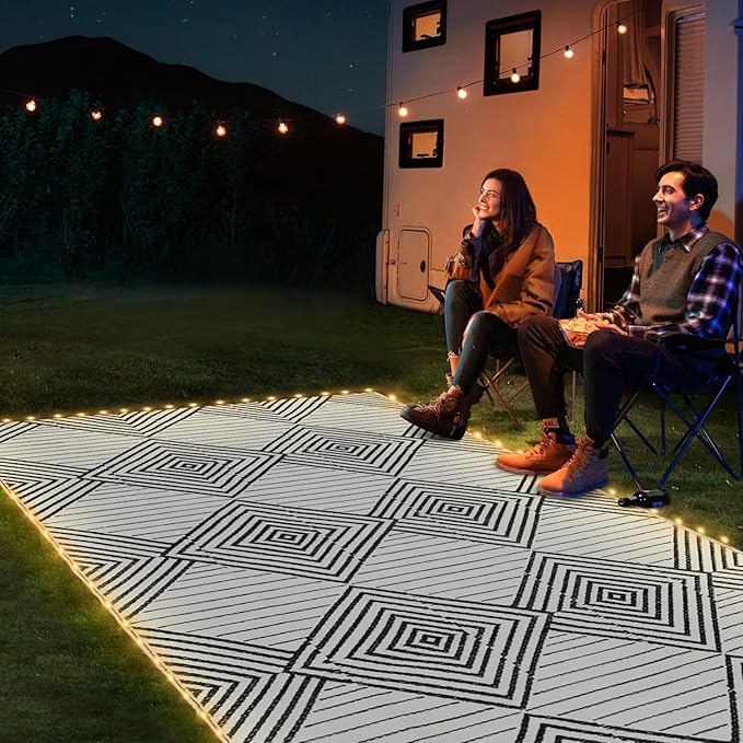 8x10ft Waterproof Outdoor Rug with LED Lights, Foldable Reversible Plastic Straw Mat for Patio RV Camping Picnic Balcony Beach Deck Indoor Outdoor Carpet, Black&White