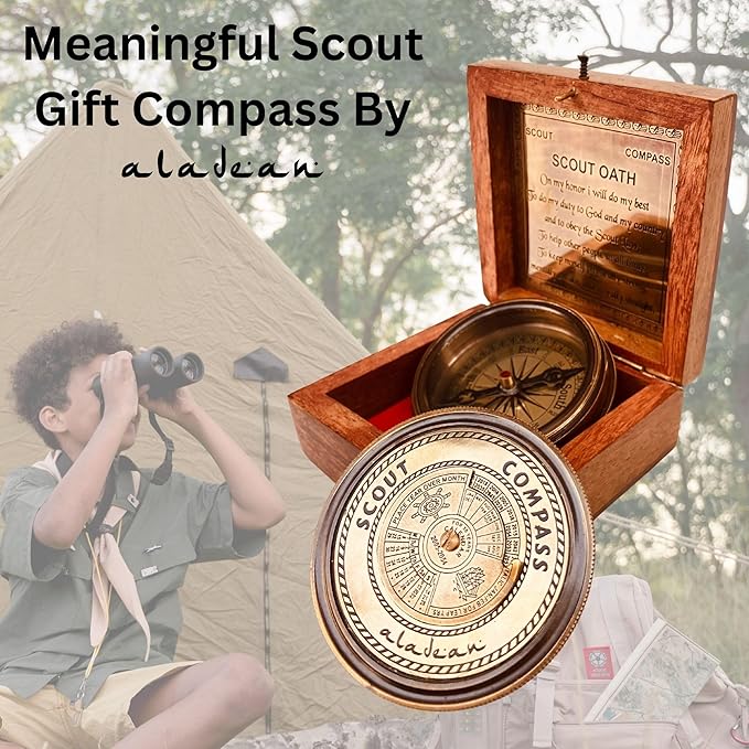Scout Compass Gift Boys - Engraved Scout Oath Compass in wood Box Scout Always Prepared Camping Orienteering Compass, Hiking Backpacking Compass gift, 50 year calander