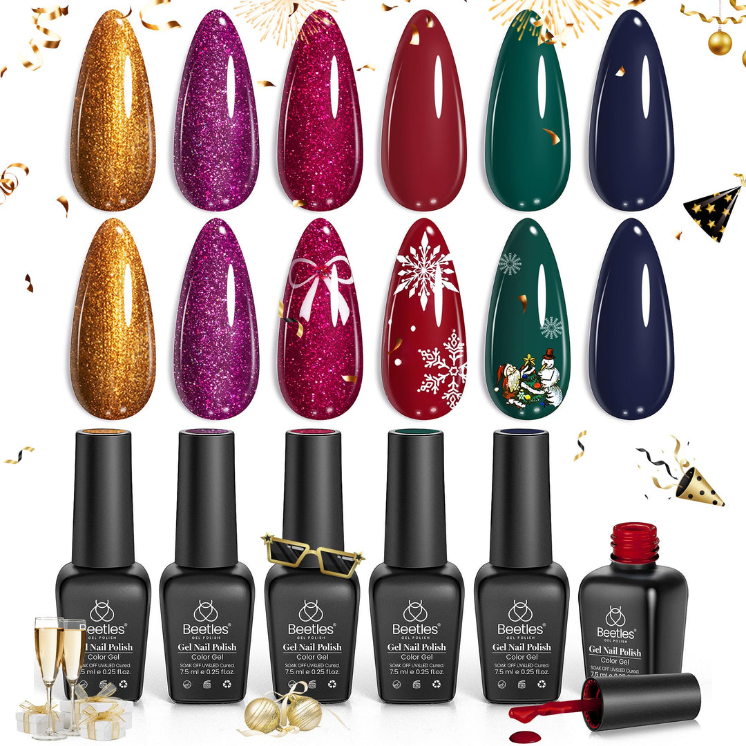 Beetles Gel Nail Polish Kit, 6 Colors Gold Green Burgundy Red Glitter Gel Polish Soak Off Uv Nail Lamp Cured Holiday Nail Gel Di