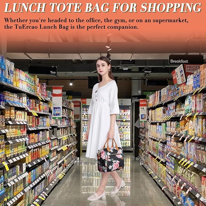 TuErCao Lunch Box for Women Adult Insulated Lunch Bag for Female Teacher Nurse Mom, Fashion Ladies Lunch Tote Bag for Work, Peony