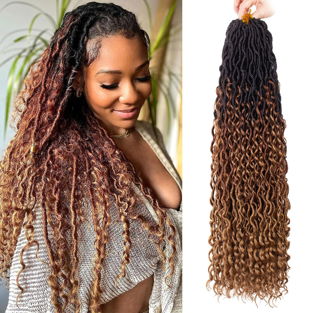 Zrq 30 Inch Goddess Locs Crochet Hair 8 Packs Ombre Boho Faux Locs Crochet Braids, 3Tone Pre Looped Bohmian Locs With Curly End