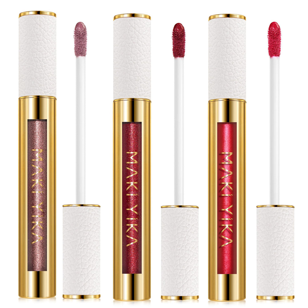 MAKI YIKA 3Pc Metallic Lipstick Long Lasting Nude Pink Red Glitter Lipsticks High Shine Lipstick No Smudge No Transfer Liquid Lip Gloss (Nude/Pink/Red)