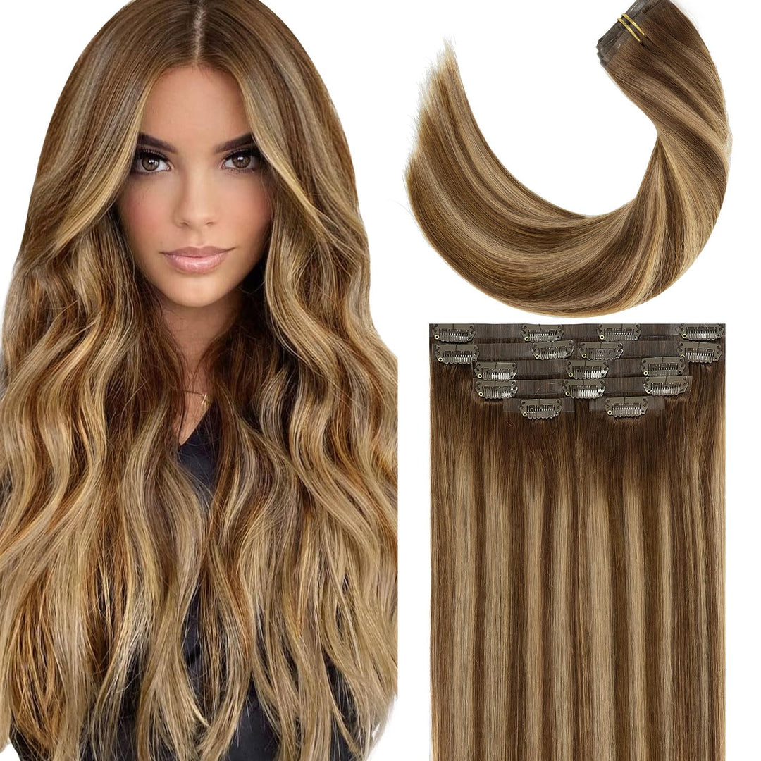Lacer Hair Seamless Extensions Clip In Human Hair Chocolate Brown To Caramel Blonde Highlights With Chocolate Brown Roots 14 Inc