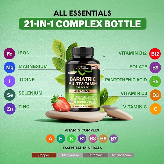 Bariatric Multivitamin - 45 mg Iron Supplements - Made in USA - for Women & Men - All-in-One, 21 Essential Vitamins - Gastric Sleeve Support - Free of Sugar, Gluten & Soy - 180 Capsules, Once Daily