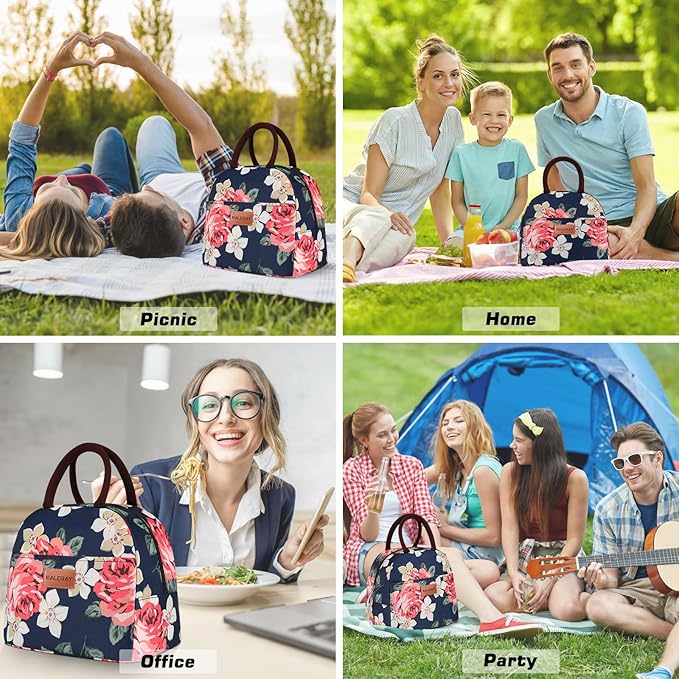 BALORAY Lunch Bag for Women Men Cute Reusable Insulated Lunch Box Large Capacity Lunch Tote Bag for Work, Picnic or Travel(Blue With Big Flower)