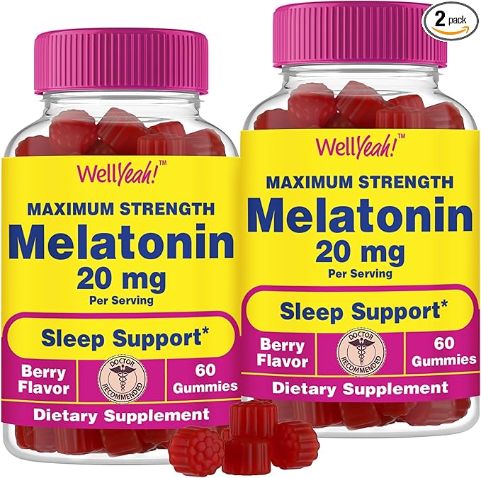 Melatonin Gummies 20mg (2 Pack) | Sleep Support | Maximum Strength Melatonin 20mg Gummies for Adults | Fast Dissolved | Great Berry Flavor | 60 Count | Vegan, Non GMO
