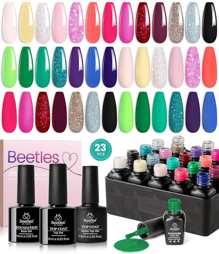 Beetles 23-Pc Glitter Gel Nail Polish Set | Brown, Pink, Blue, Green | UV Soak Off