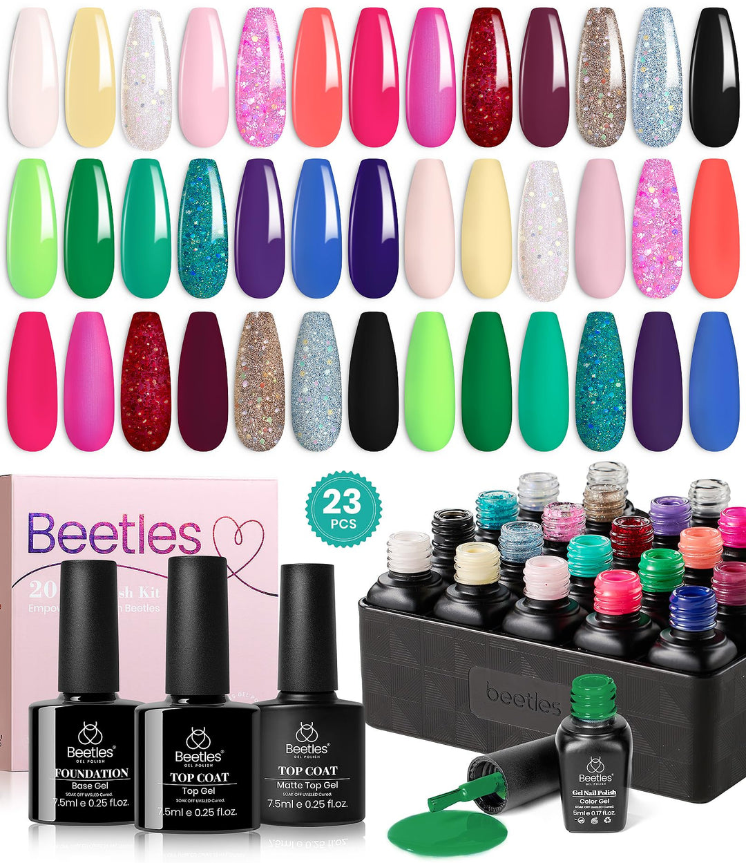 Beetles Glitter Gel Nail Polish Set, 23Pcs Gel Polish Brown Pink Blue Purple Green Soak Off Uv Kit With Glossy Matte Top And Bas