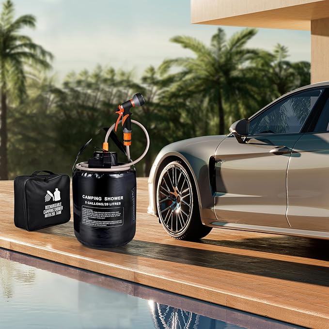 5 gallon/20L Water Bag,Portable Outdoor Camping Shower,Sun Heating,Electric Shower,8 Spray Modes,with Built-in Thermometer,Suitable for Hiking/Backpacking,Camping,Travel,Beach,Pets,Flowers