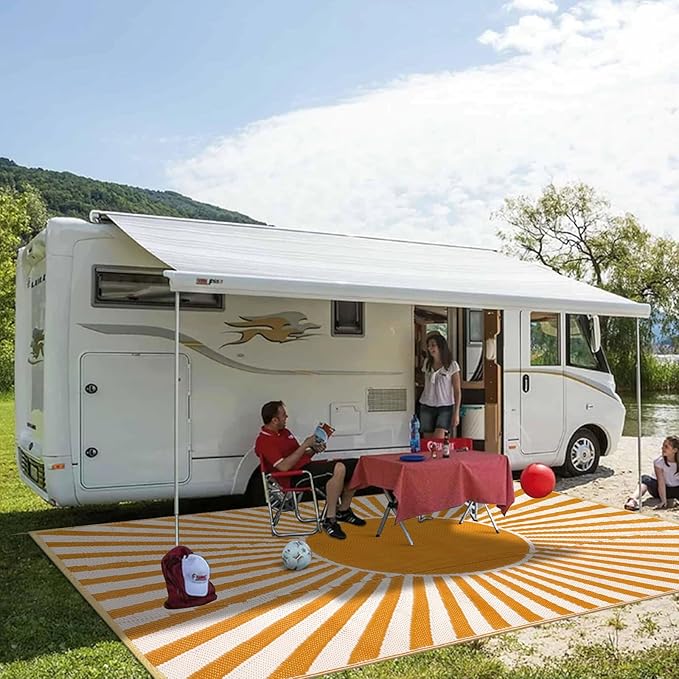 Anidaroel 9x18ft Reversible RV Outdoor Rugs for Camping, Waterproof Patio Rugs Outdoor Clearance, Outdoor Plastic Straw Outside Area Rugs Camping, Pool Deck, Backyard, Picnic(Orange,9‘x18')
