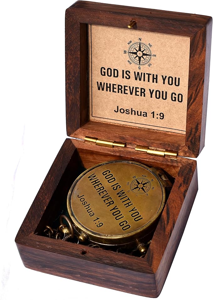 Be Strong and Courageous (Joshua 1:9) Brass Compass with wooden Box-Engraved Scripture Prayer Compass Religious Gift for Men & Women - Baptism, Confirmation, Communion Compass for Boys Graduation Gift