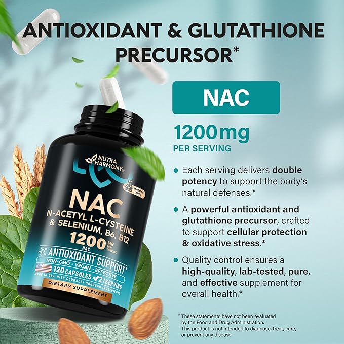 NAC Supplement | Selenium | B6 | B12 - Antioxidant, Immune Support - N Acetyl Cysteine 600 mg per Capsule, 1200 mg per Serving - Made in USA - Non-GMO, Gluten-Free, Vegan - 120 caps, 2 Month Supply