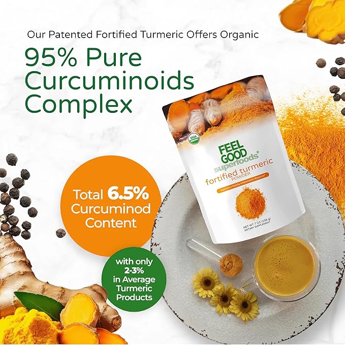 Feelgood Organic Superfoods Fortified Turmeric Powder with Curcumin and Black Pepper, 95% Curcuminoids, Vegan, Gluten Free, Non-GMO, Pure Ground Turmeric Root from India, 7 oz