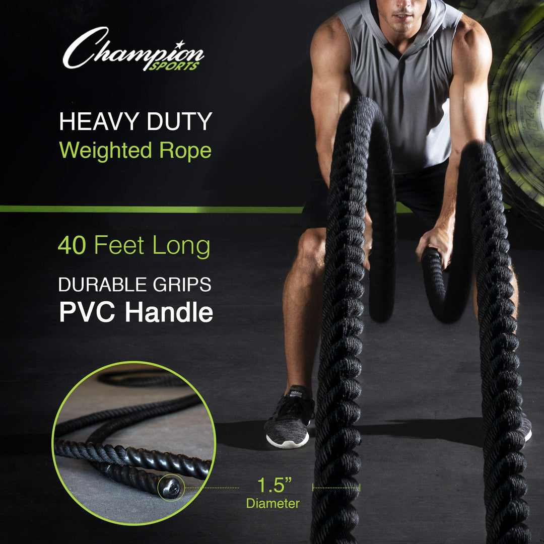 Champion Sports RPT1540 Heavy Training Rope: Rhino Poly Strength & Conditioning Heavy Gym Battle Ropes - Cardio, Cross Training, Weight Training & Crossfit - 1.5" x 40'