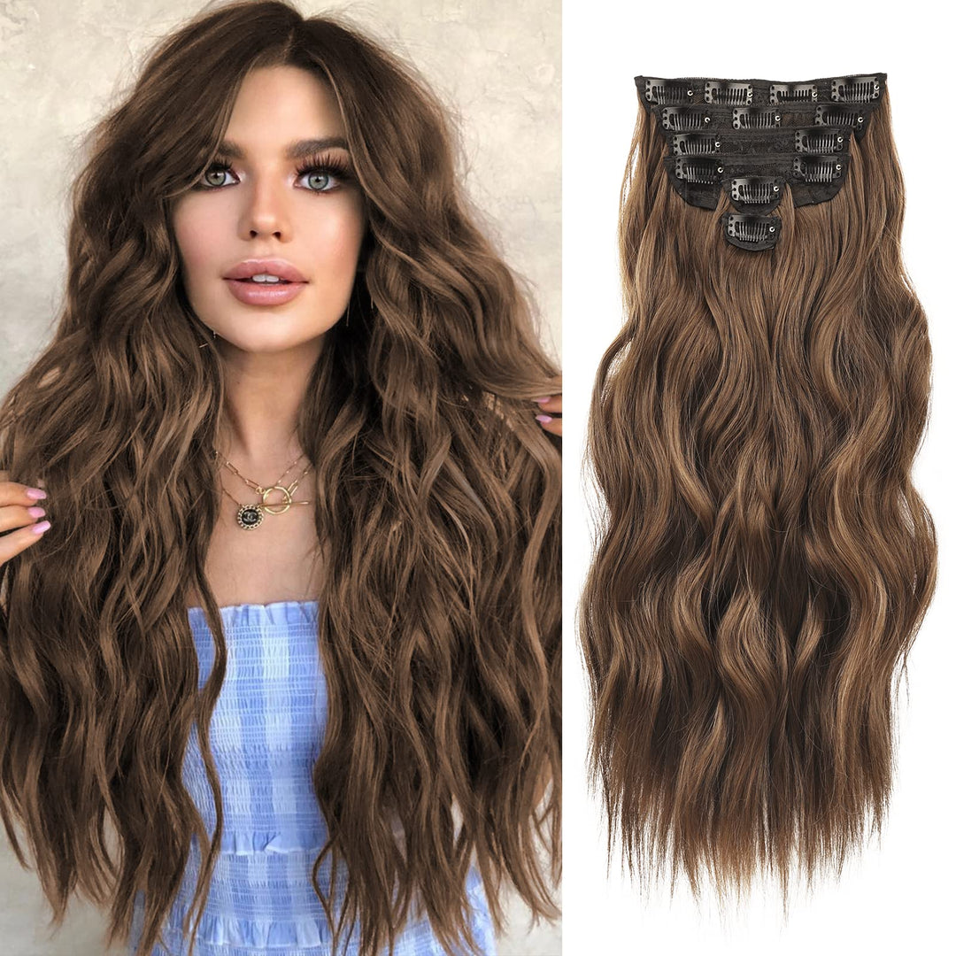 NAYOO Clip in Hair Extensions for Women 20 Inch Long Wavy Curly Medium Brown Hair Extension Full Head Synthetic Hair Extension Hairpieces (6PCS,Medium Brown)