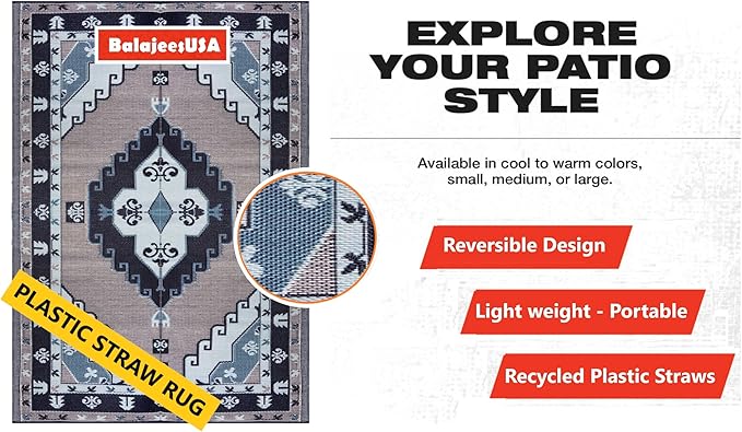 BalajeesUSA Outdoor Rug - 6x9 feet, Blue, Grey, Reversible, Portable, Duarable, Waterproof, Plastic straw patio rugs, Large RV camper mat 140